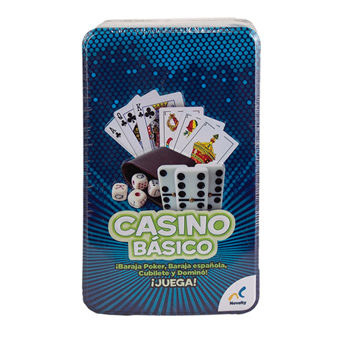 Didacti Casino básico; juego de domino, juego de póker, baraja española, juego de cubilete con 5 dados en caja metálica