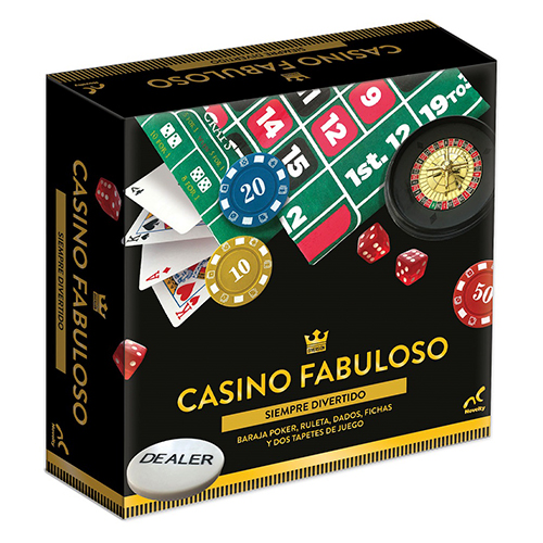 Didacti Casino fabuloso; 100 fichas, 1 juego de cartas, 1 mini ruleta, 2 balines, 1 ficha de Dealer, 1 bastón, 4 tapetes de juego, 5 dados