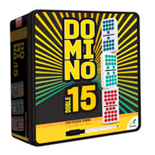 Didacti Dominó doble 15 con 136 fichas, 1 plumón borrable, a pieza inicio, instructivo, caja metálica